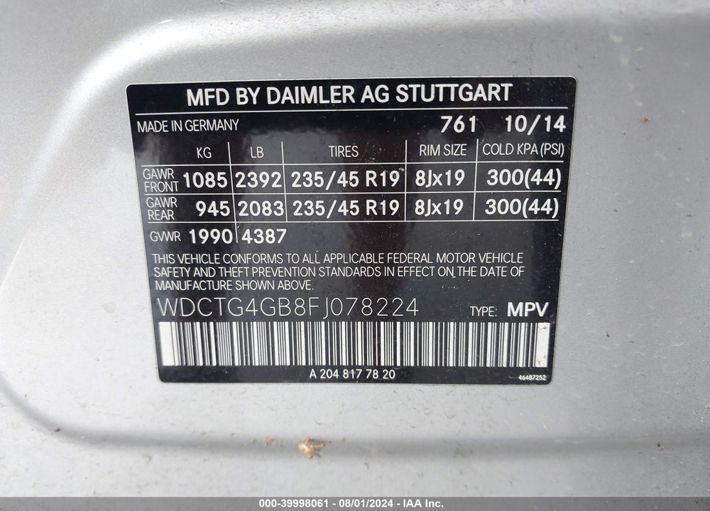 2015 MERCEDES-BENZ GLA 250 4MATIC VIN: WDCTG4GB8FJ078224