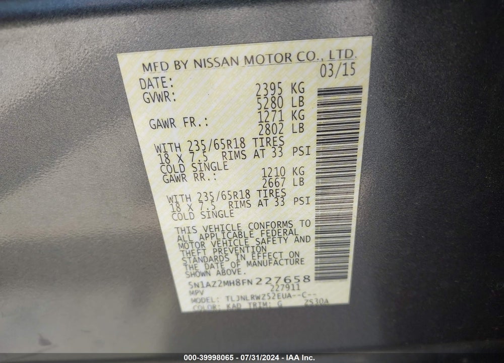 2015 NISSAN MURANO SL VIN: 5N1AZ2MH8FN227658