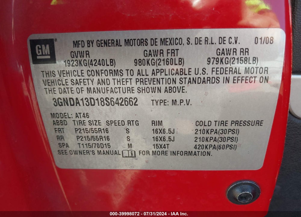 2008 CHEVROLET HHR LS VIN: 3GNDA13D18S642662