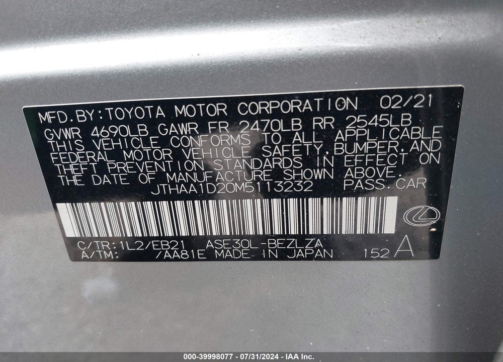 2021 LEXUS IS 300 VIN: JTHAA1D20M5113232