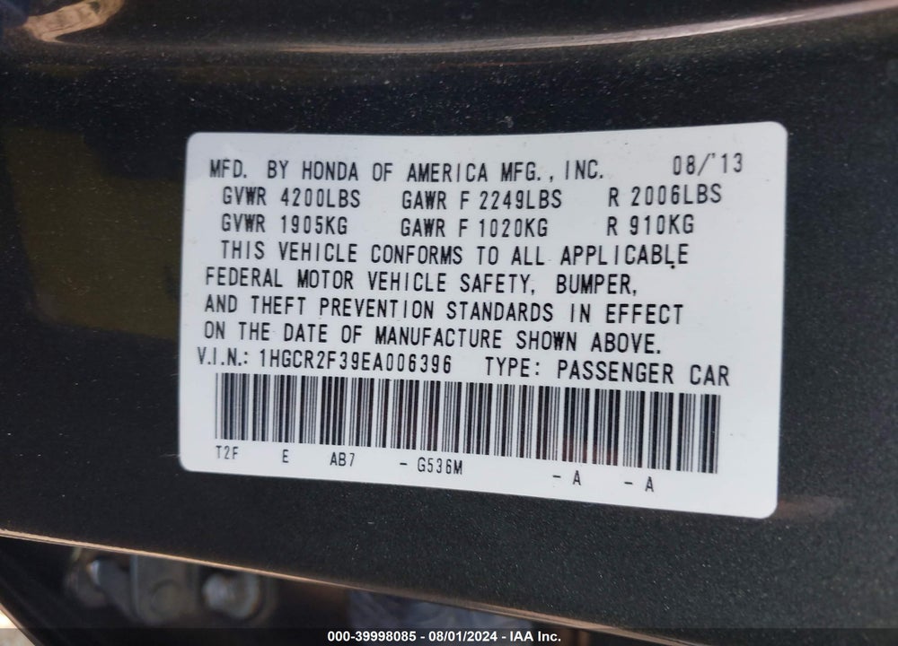 2014 HONDA ACCORD LX VIN: 1HGCR2F39EA006396