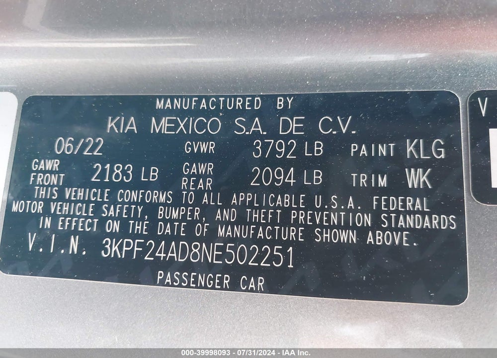 2022 KIA FORTE VIN: 3KPF24AD8NE502251