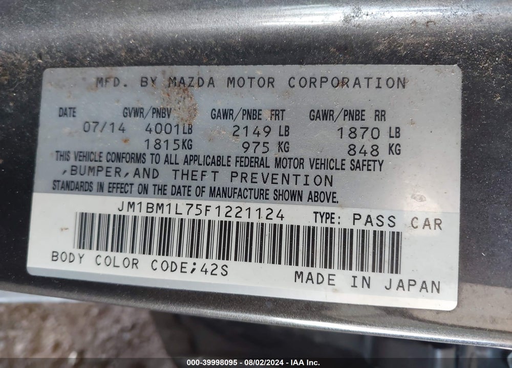 2015 MAZDA MAZDA3 VIN: JM1BM1L75F1221124