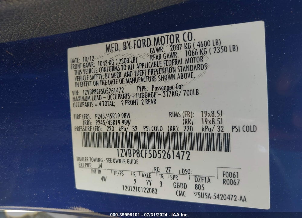 2013 FORD MUSTANG GT PREMIUM VIN: 1ZVBP8CF5D5261472