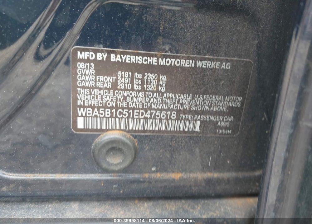 2014 BMW 535I VIN: WBA5B1C51ED475618