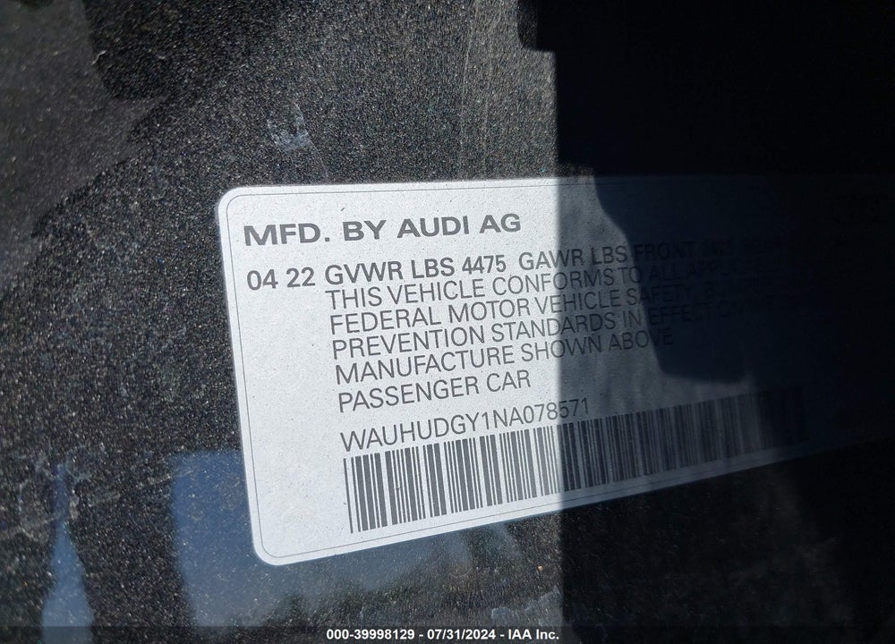 2022 AUDI A3 PREMIUM PLUS 40 TFSI QUATTRO S TRONIC VIN: WAUHUDGY1NA078571