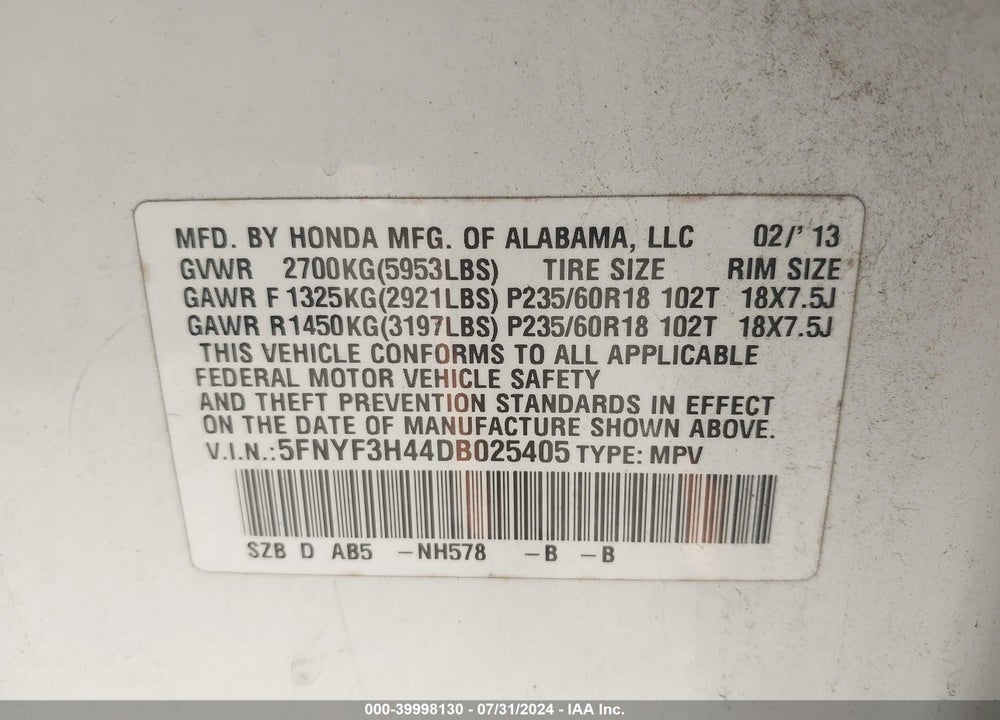 2013 HONDA PILOT EX VIN: 5FNYF3H44DB025405
