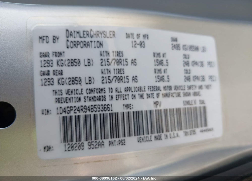 2004 DODGE GRAND CARAVAN SE VIN: 1D4GP24R94B593661