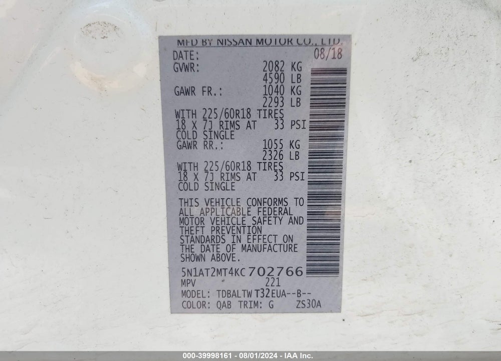 2019 NISSAN ROGUE SV VIN: 5N1AT2MT4KC702766