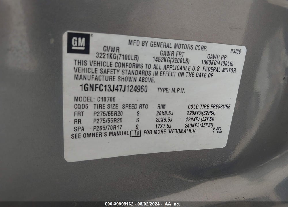 2007 CHEVROLET TAHOE LT VIN: 1GNFC13J47J124960