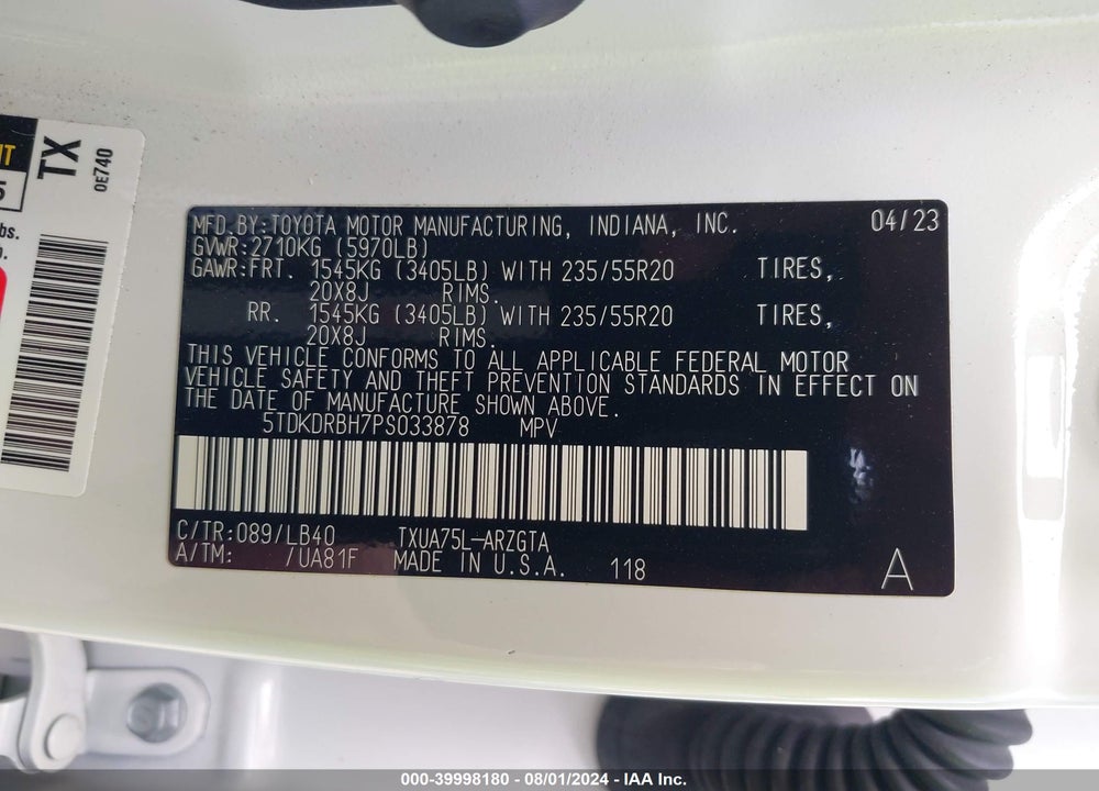 2023 TOYOTA HIGHLANDER LIMITED VIN: 5TDKDRBH7PS033878