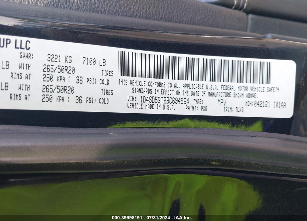 2011 DODGE DURANGO CITADEL VIN: 1D4SD5GT2BC694964