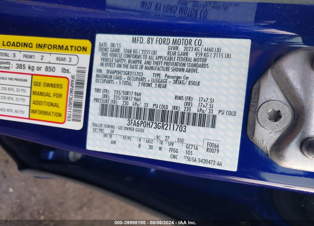 2016 FORD FUSION SE VIN: 3FA6P0H73GR211703