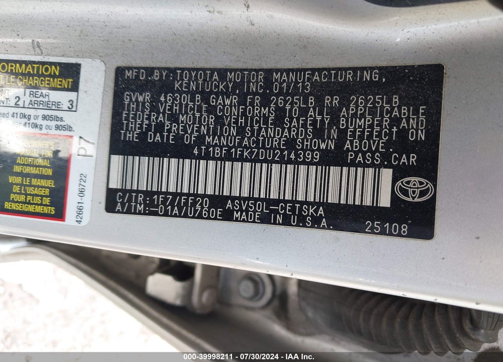 2013 TOYOTA CAMRY SE VIN: 4T1BF1FK7DU214399
