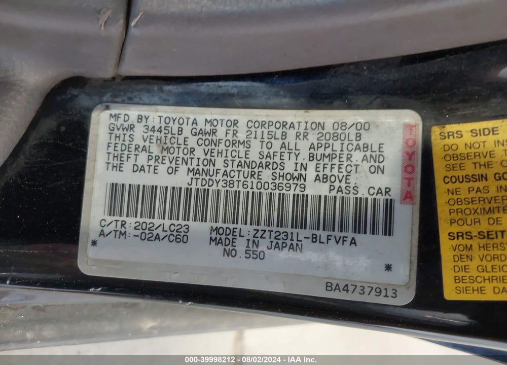 2001 TOYOTA CELICA GTS VIN: JTDDY38T610036979