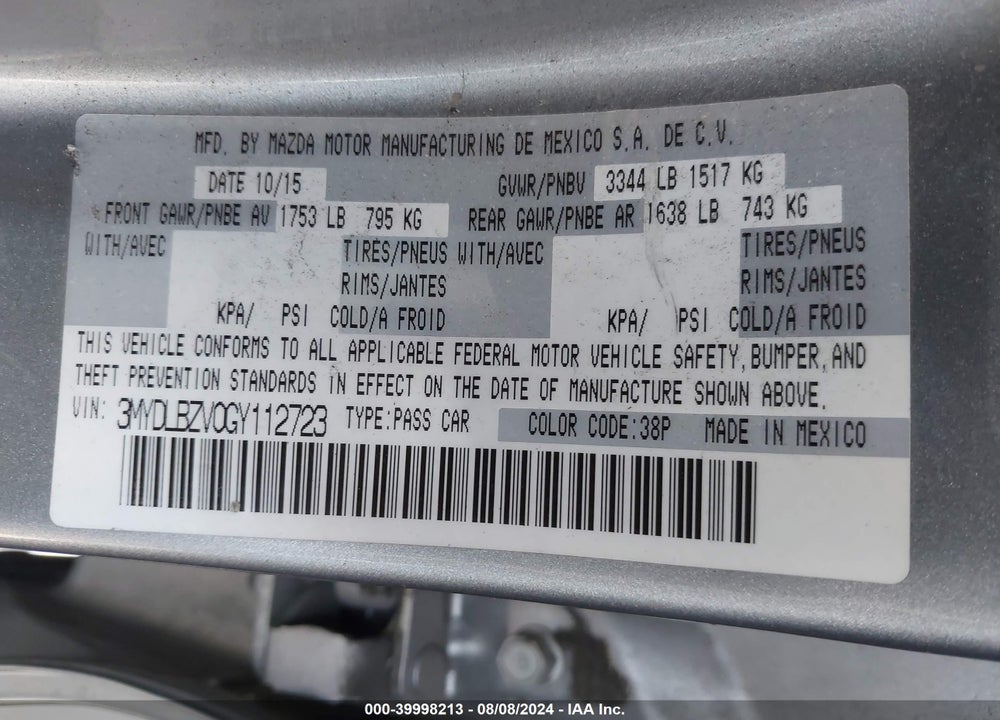 2016 SCION IA VIN: 3MYDLBZV0GY112723