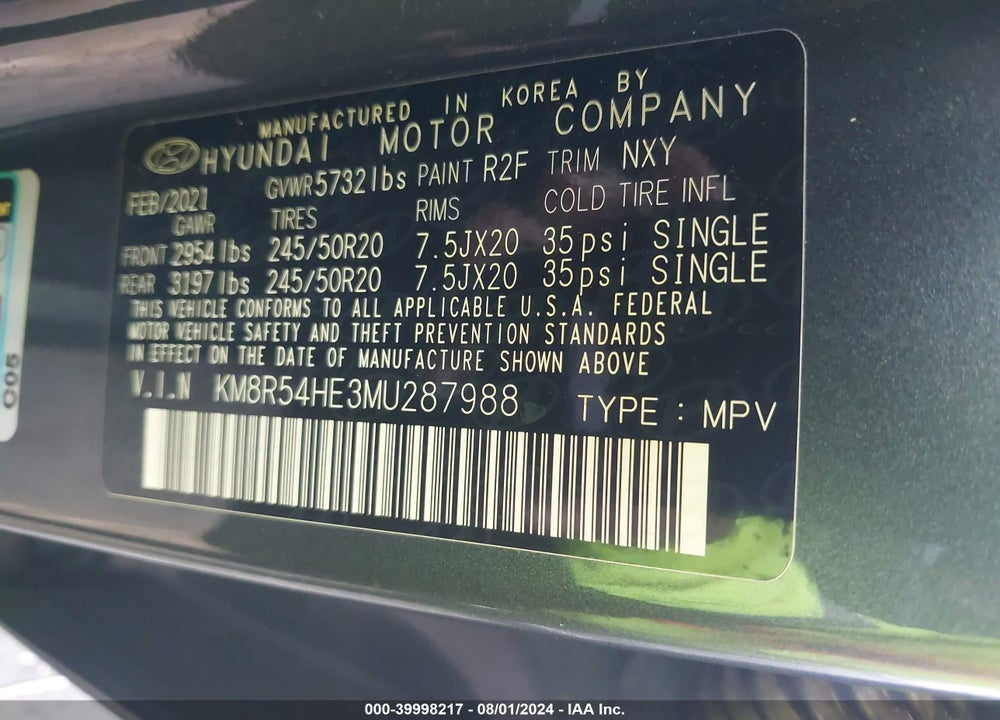 2021 HYUNDAI PALISADE LIMITED VIN: KM8R54HE3MU287988