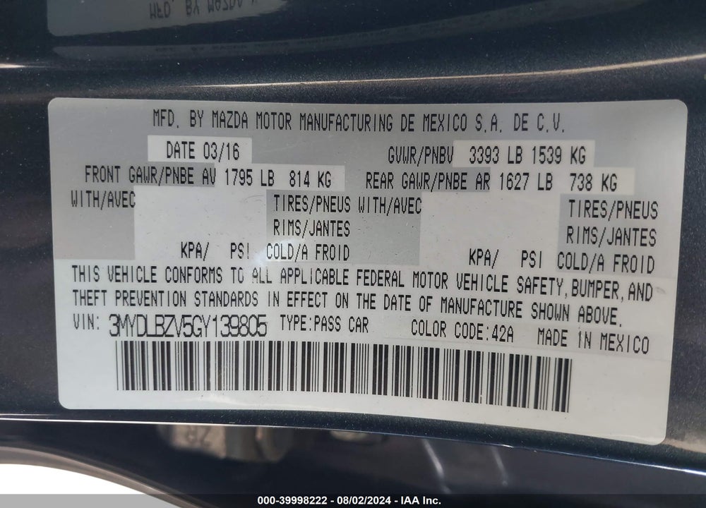 2016 SCION IA VIN: 3MYDLBZV5GY139805