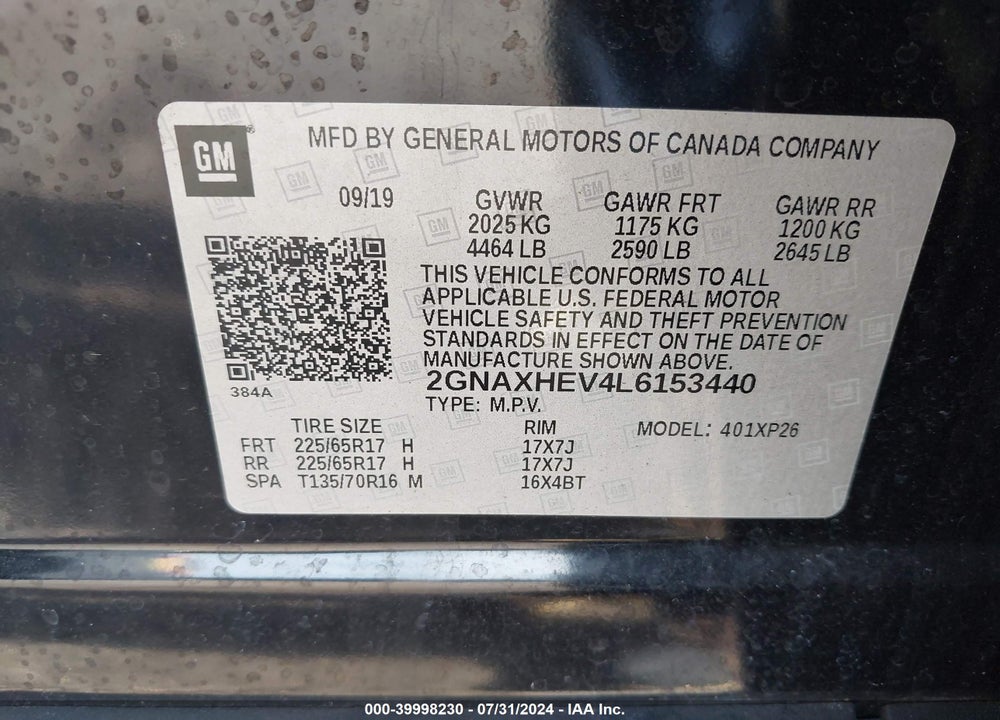 2020 CHEVROLET EQUINOX FWD LS VIN: 2GNAXHEV4L6153440