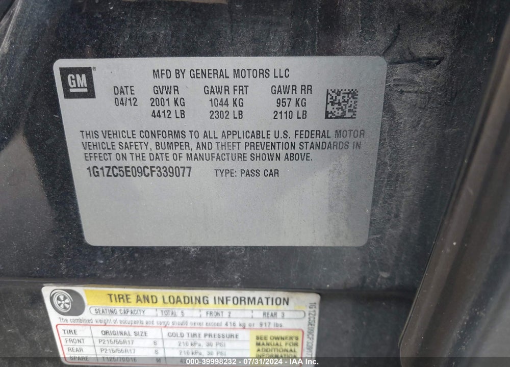 2012 CHEVROLET MALIBU 1LT VIN: 1G1ZC5E09CF339077