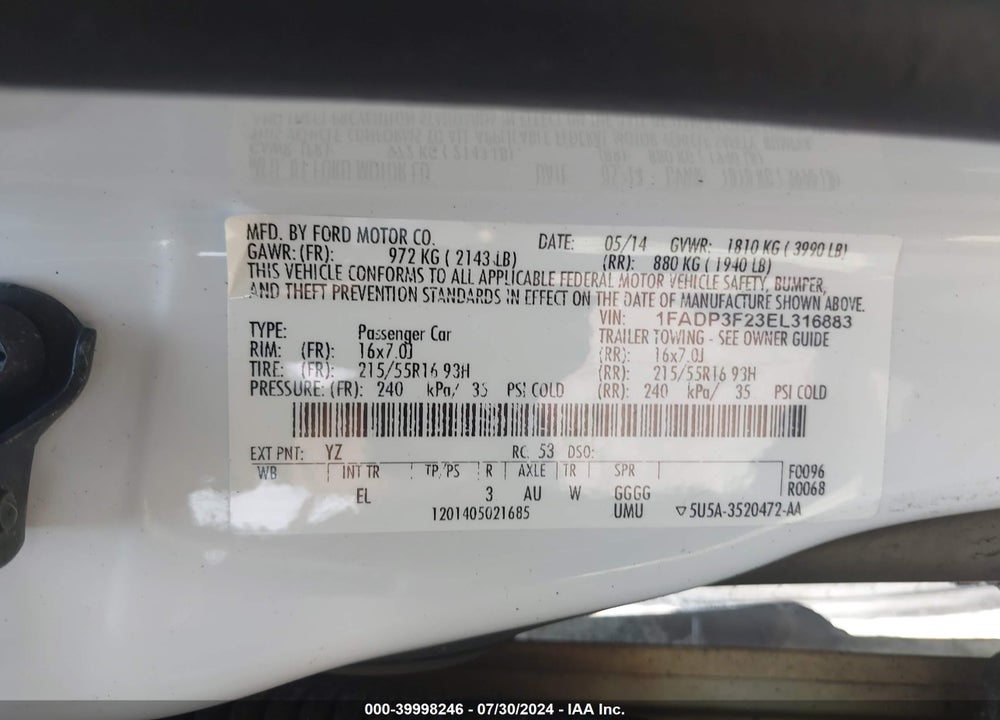 2014 FORD FOCUS SE VIN: 1FADP3F23EL316883