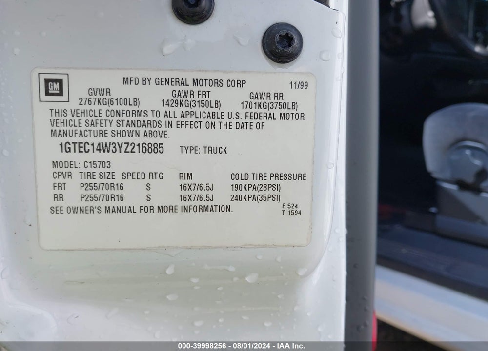 2000 GMC SIERRA 1500 SLE VIN: 1GTEC14W3YZ216885