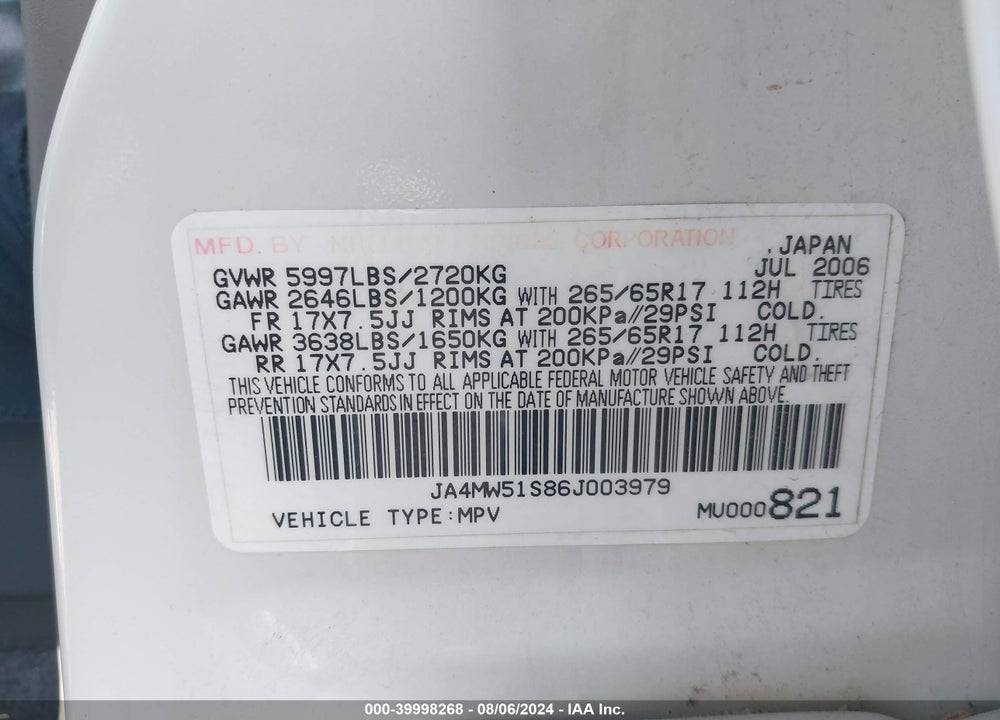 2006 MITSUBISHI MONTERO LIMITED VIN: JA4MW51S86J003979