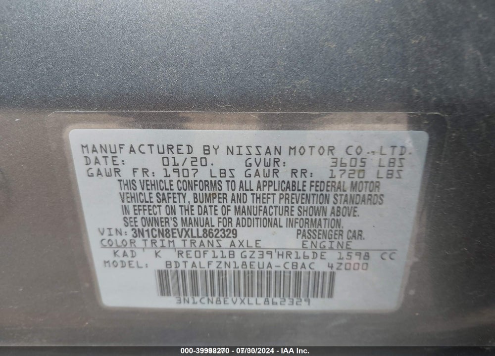 2020 NISSAN VERSA VIN: 3N1CN8EVXLL862329