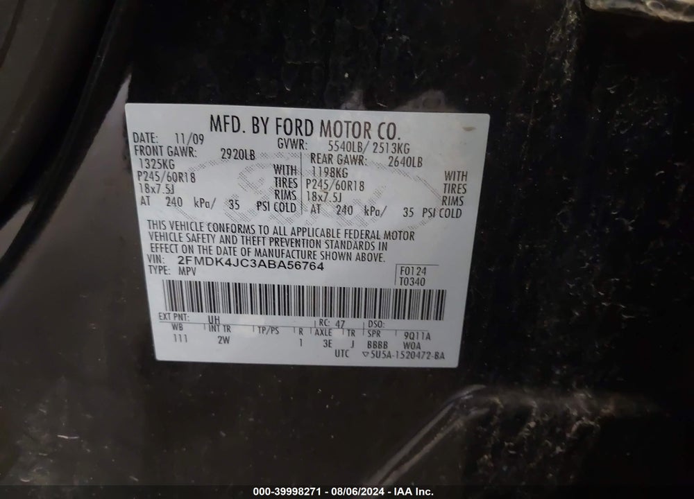 2010 FORD EDGE SEL VIN: 2FMDK4JC3ABA56764