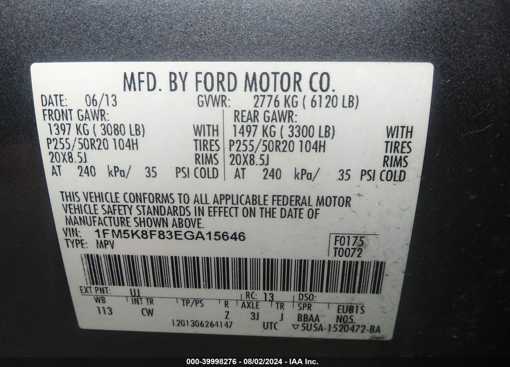 2014 FORD EXPLORER LIMITED VIN: 1FM5K8F83EGA15646