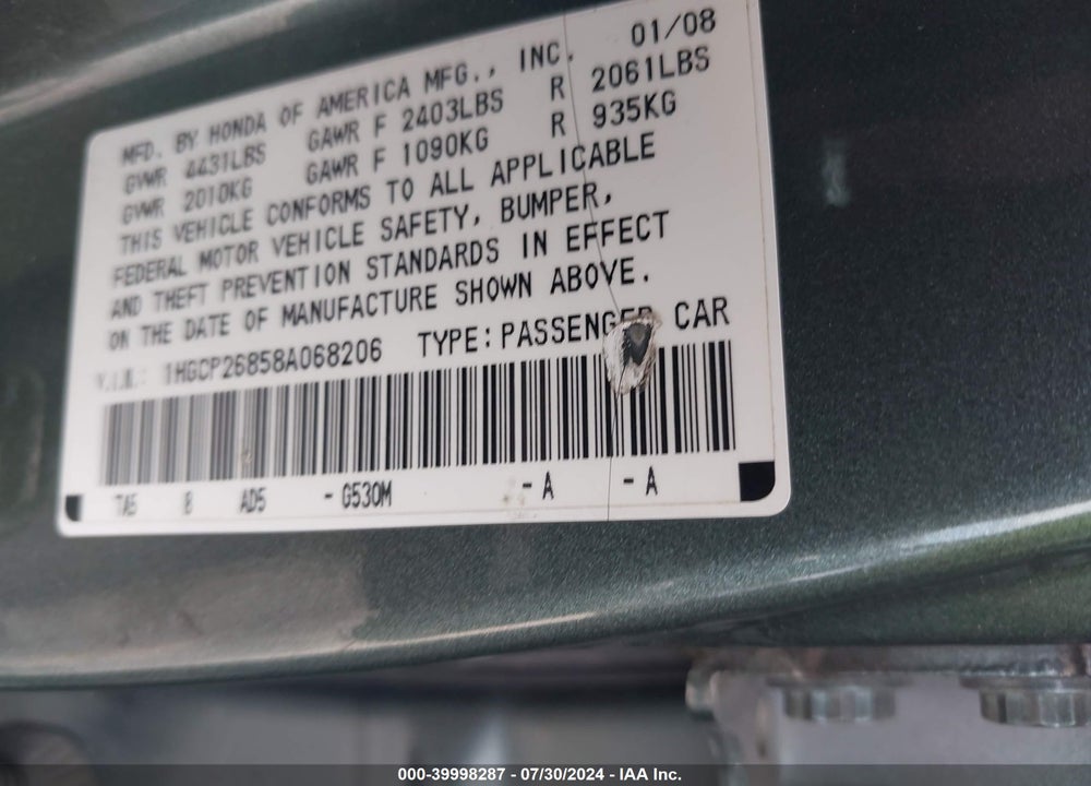 2008 HONDA ACCORD 2.4 EX-L VIN: 1HGCP26858A068206