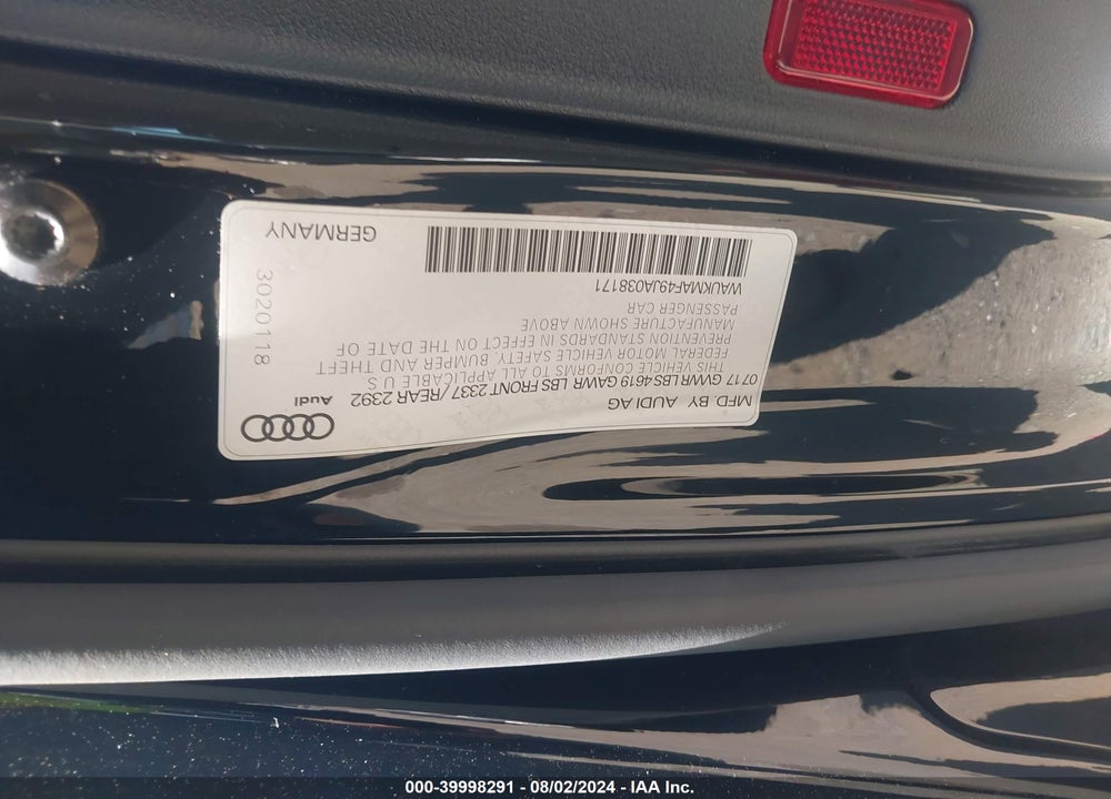 2018 AUDI A4 2.0T TECH ULTRA PREMIUM/2.0T ULTRA PREMIUM VIN: WAUKMAF49JA038171