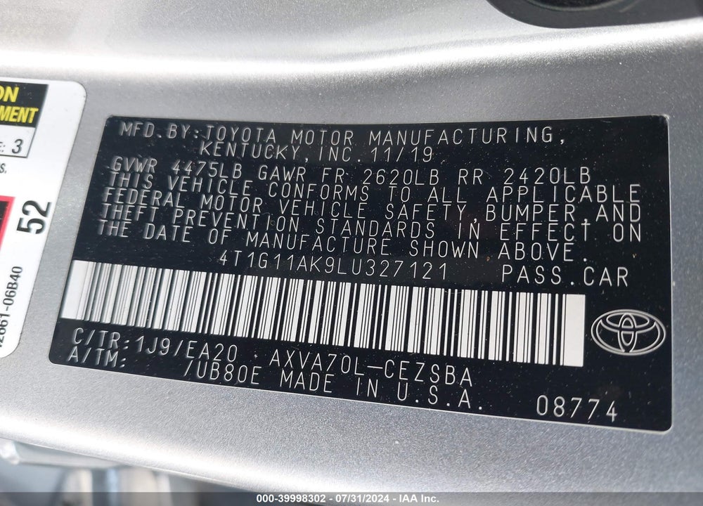 2020 TOYOTA CAMRY SE VIN: 4T1G11AK9LU327121