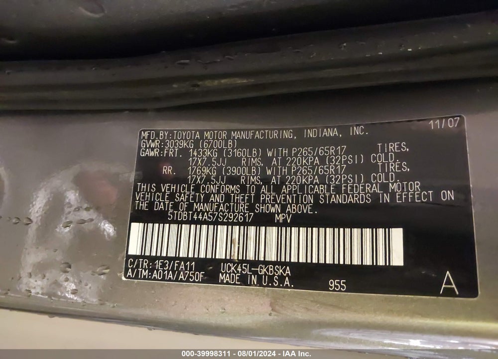 2007 TOYOTA SEQUOIA SR5 V8 VIN: 5TDBT44A57S292617