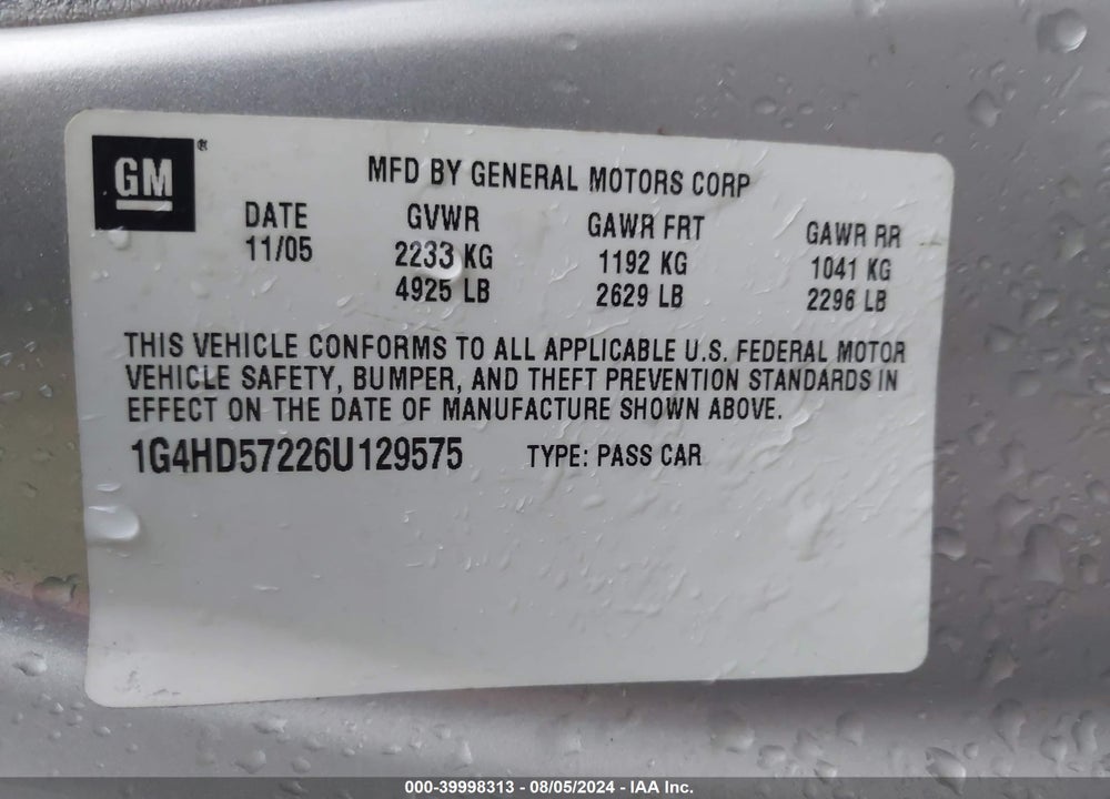 2006 BUICK LUCERNE CXL VIN: 1G4HD57226U129575
