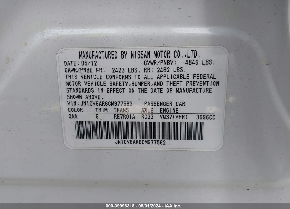 2012 INFINITI G37X VIN: JN1CV6AR6CM977562