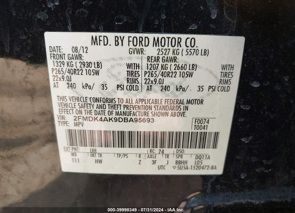 2013 FORD EDGE SPORT VIN: 2FMDK4AK9DBA95693