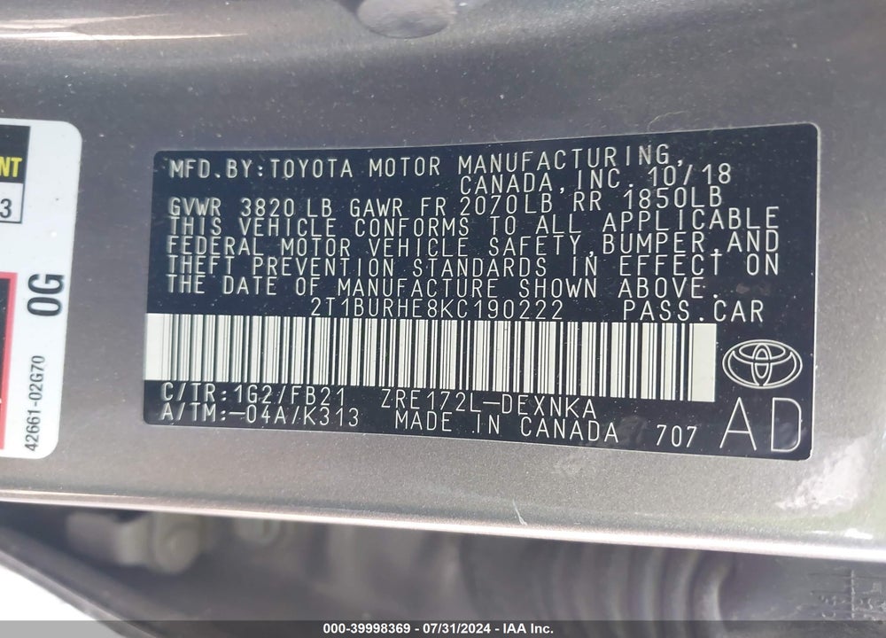 2019 TOYOTA COROLLA LE VIN: 2T1BURHE8KC190222