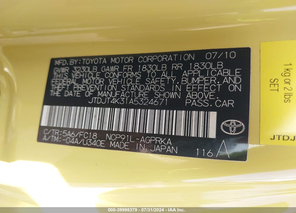 2010 TOYOTA YARIS VIN: JTDJT4K31A5324671