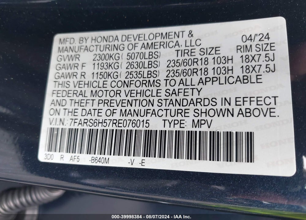 2024 HONDA CR-V HYBRID SPORT VIN: 7FARS6H57RE076015
