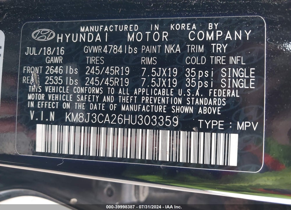 2017 HYUNDAI TUCSON SPORT VIN: KM8J3CA26HU303359