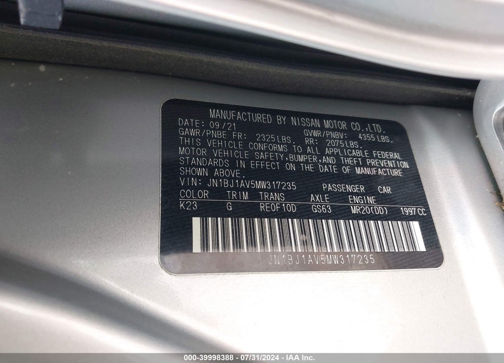 2021 NISSAN ROGUE SPORT S FWD XTRONIC CVT VIN: JN1BJ1AV5MW317235