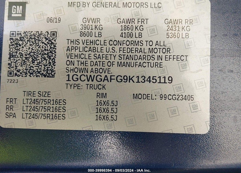 2019 CHEVROLET EXPRESS 2500 WORK VAN VIN: 1GCWGAFG9K1345119