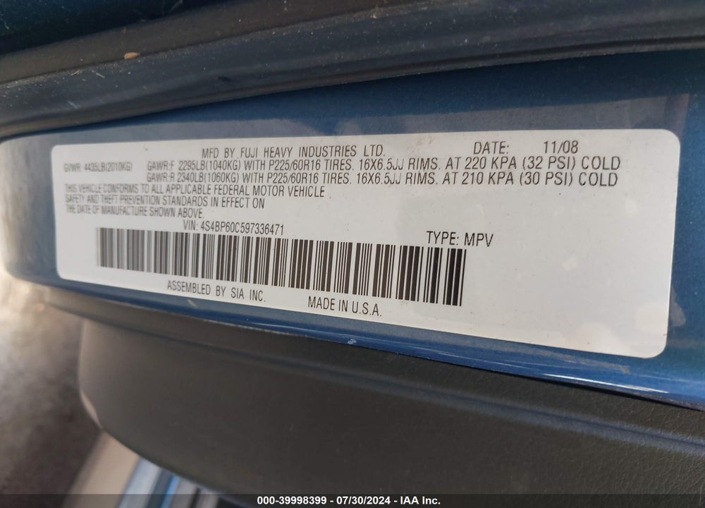 2009 SUBARU OUTBACK 2.5I VIN: 4S4BP60C597336471