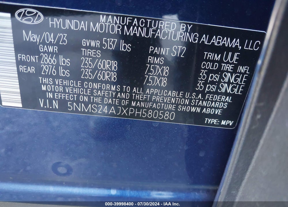 2023 HYUNDAI SANTA FE SEL VIN: 5NMS24AJXPH580580
