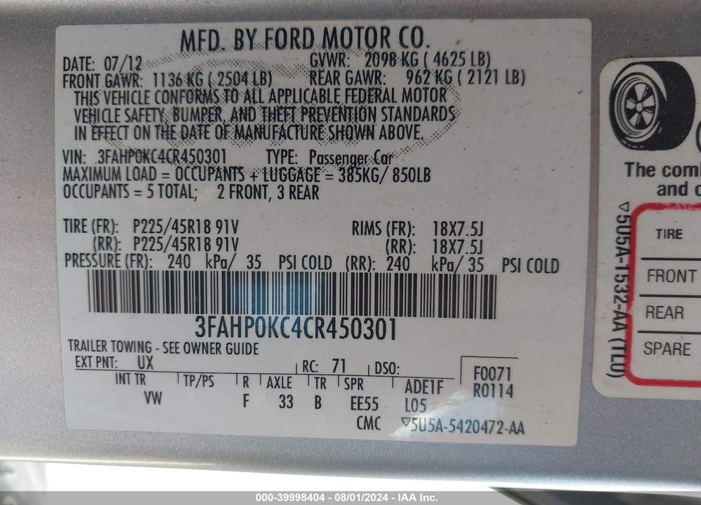 2012 FORD FUSION SPORT VIN: 3FAHP0KC4CR450301