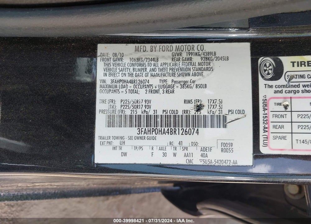 2011 FORD FUSION SE VIN: 3FAHP0HA4BR126074