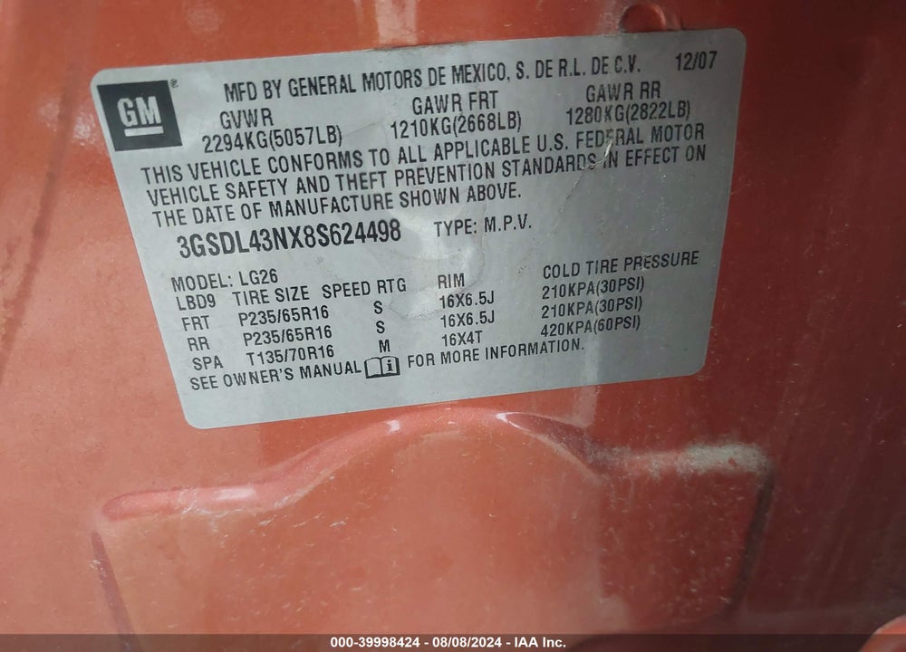 2008 SATURN VUE V6 XE VIN: 3GSDL43NX8S624498