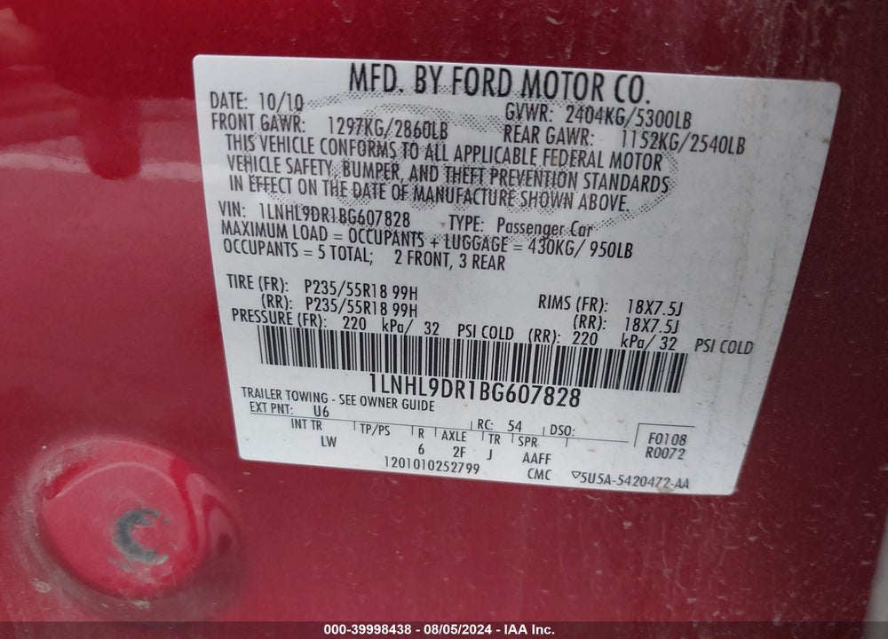2011 LINCOLN MKS VIN: 1LNHL9DR1BG607828