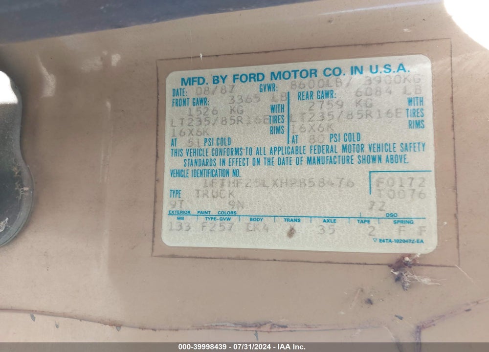 1987 FORD F250 VIN: 1FTHF25LXHPB58476
